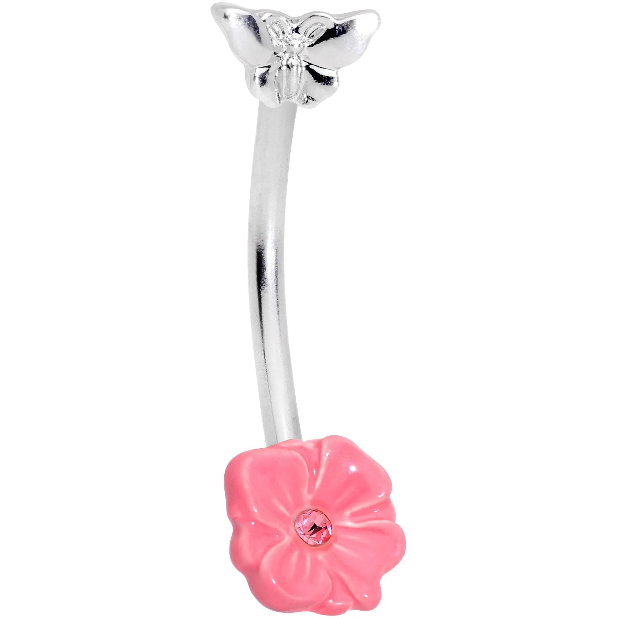 16 Gauge 3/8 Pink Gem Flower Butterfly Curved Eyebrow Ring