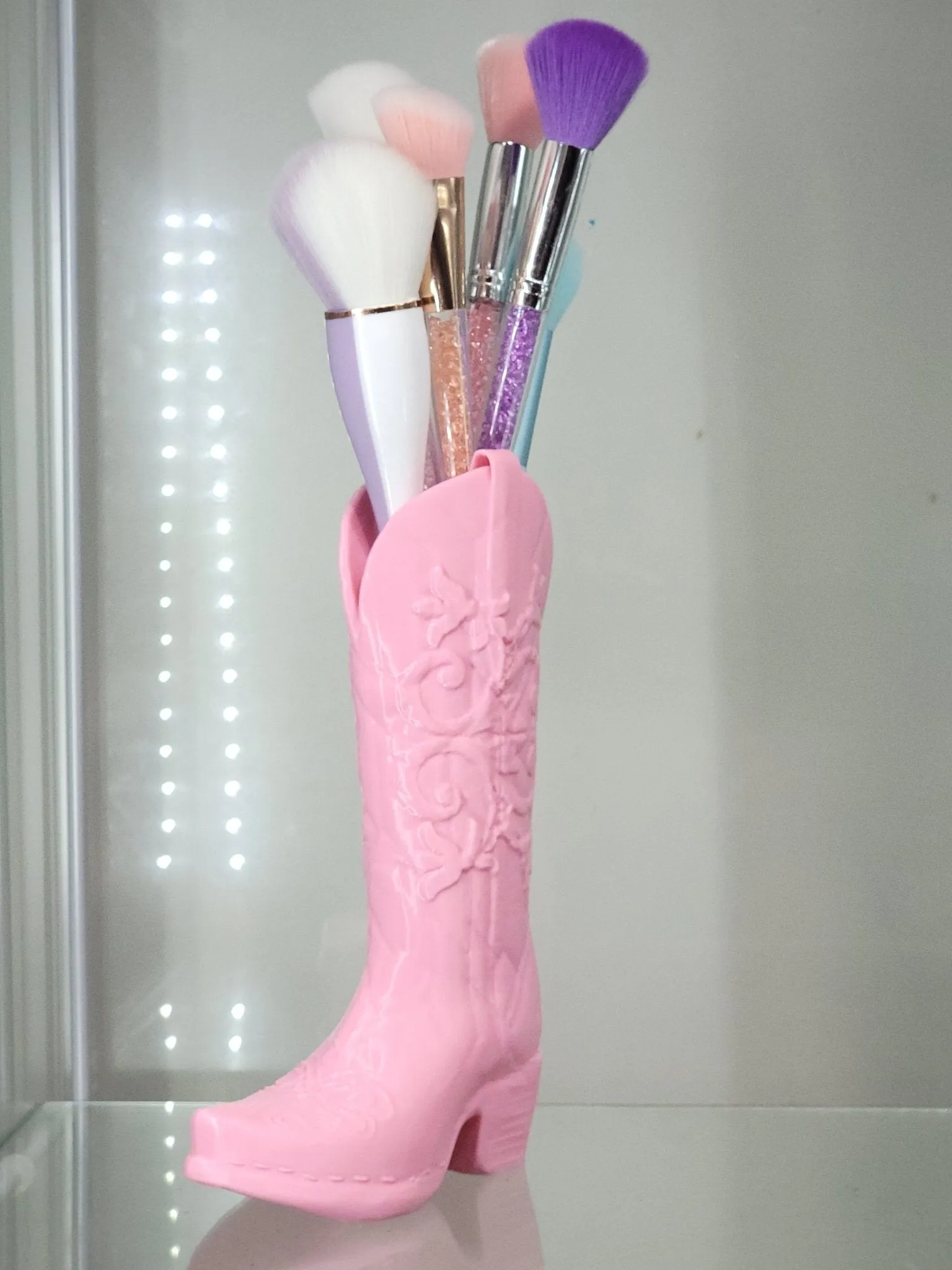 3D Printed Pink Cowboy Boot Brush Holder - Western Decor