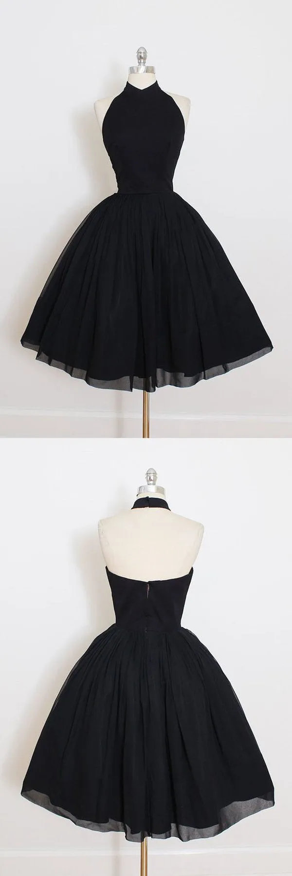 A Line Open Back Black Halter Homecoming Dress, Short Prom Dress, MH123