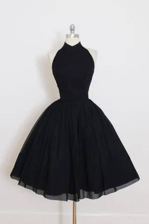 A Line Open Back Black Halter Homecoming Dress, Short Prom Dress, MH123