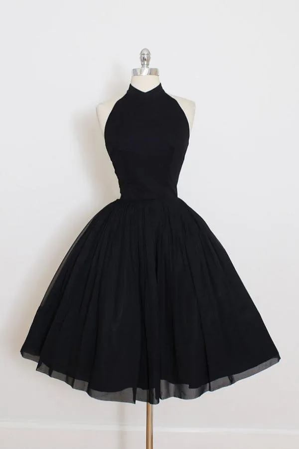 A Line Open Back Black Halter Homecoming Dress, Short Prom Dress, MH123