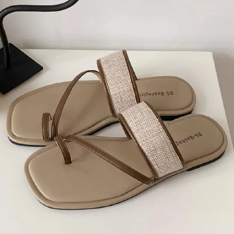 ADVBRIDGE  -  Fashion Weaving Narrow Band Flat Sandals Women Summer Square Toe Clip Toe Designer Shoes Simple Non-slip Vacation Beach Shoes