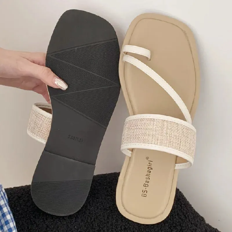 ADVBRIDGE  -  Fashion Weaving Narrow Band Flat Sandals Women Summer Square Toe Clip Toe Designer Shoes Simple Non-slip Vacation Beach Shoes