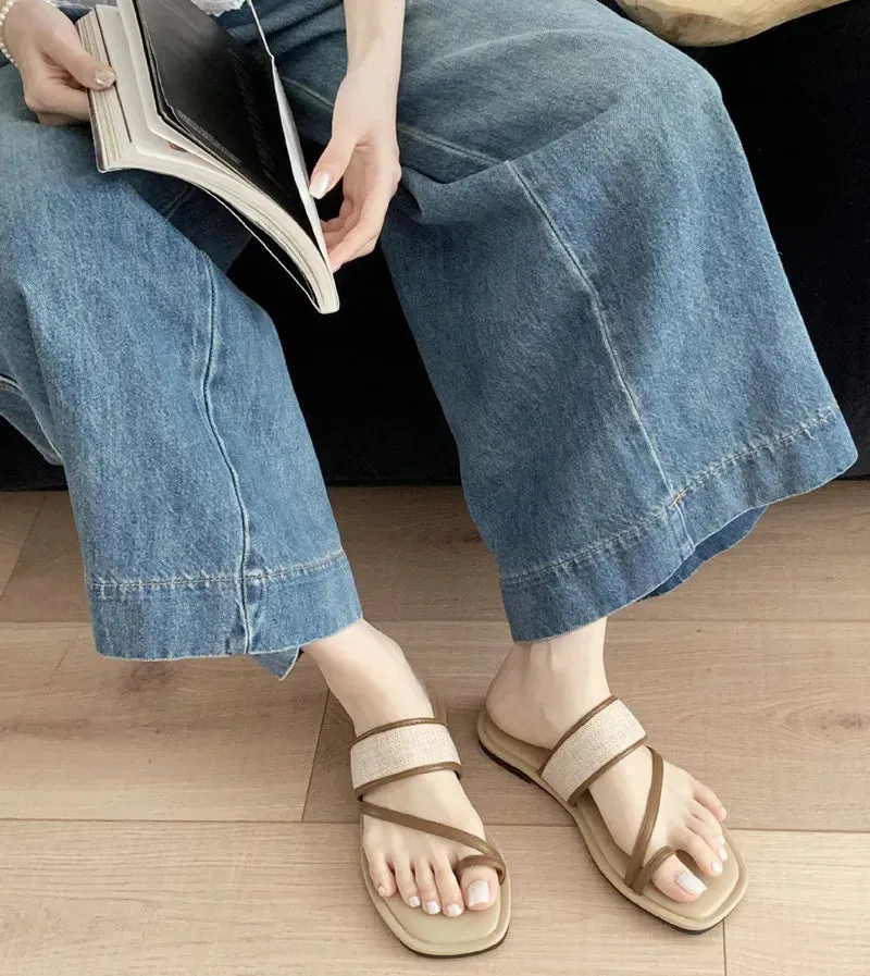 ADVBRIDGE  -  Fashion Weaving Narrow Band Flat Sandals Women Summer Square Toe Clip Toe Designer Shoes Simple Non-slip Vacation Beach Shoes