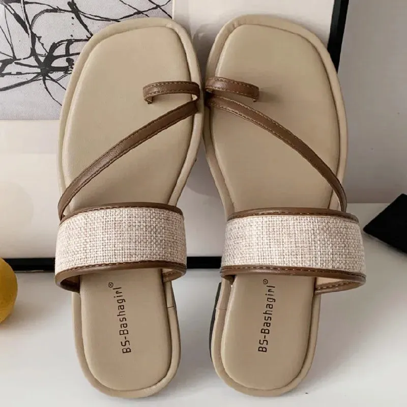ADVBRIDGE  -  Fashion Weaving Narrow Band Flat Sandals Women Summer Square Toe Clip Toe Designer Shoes Simple Non-slip Vacation Beach Shoes