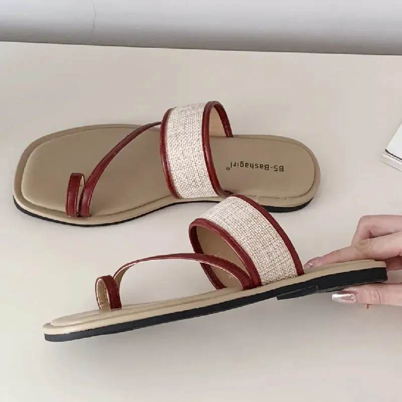 ADVBRIDGE  -  Fashion Weaving Narrow Band Flat Sandals Women Summer Square Toe Clip Toe Designer Shoes Simple Non-slip Vacation Beach Shoes