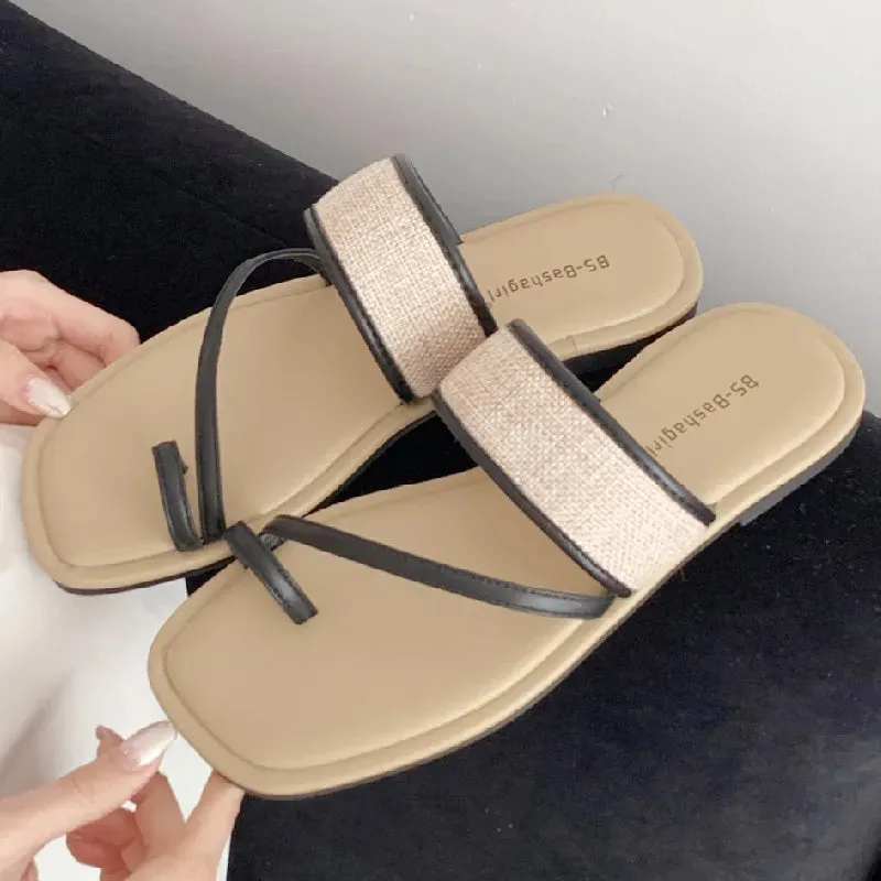 ADVBRIDGE  -  Fashion Weaving Narrow Band Flat Sandals Women Summer Square Toe Clip Toe Designer Shoes Simple Non-slip Vacation Beach Shoes