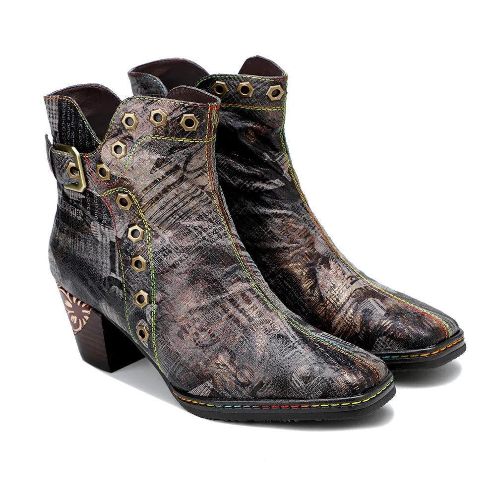 Antique Prints With Metallic Stud Moto Boot