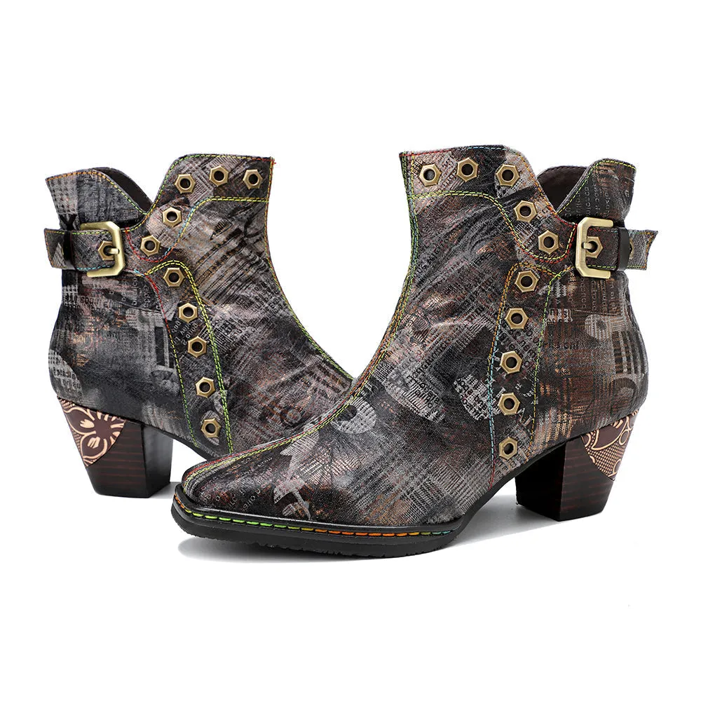 Antique Prints With Metallic Stud Moto Boot