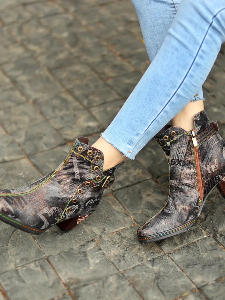 Antique Prints With Metallic Stud Moto Boot