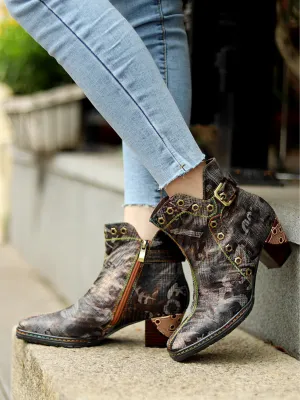 Antique Prints With Metallic Stud Moto Boot