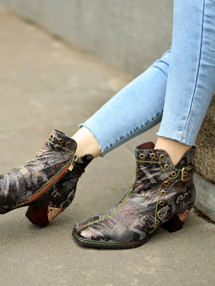 Antique Prints With Metallic Stud Moto Boot