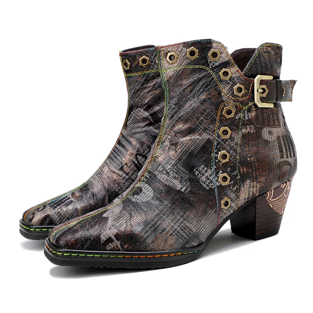 Antique Prints With Metallic Stud Moto Boot