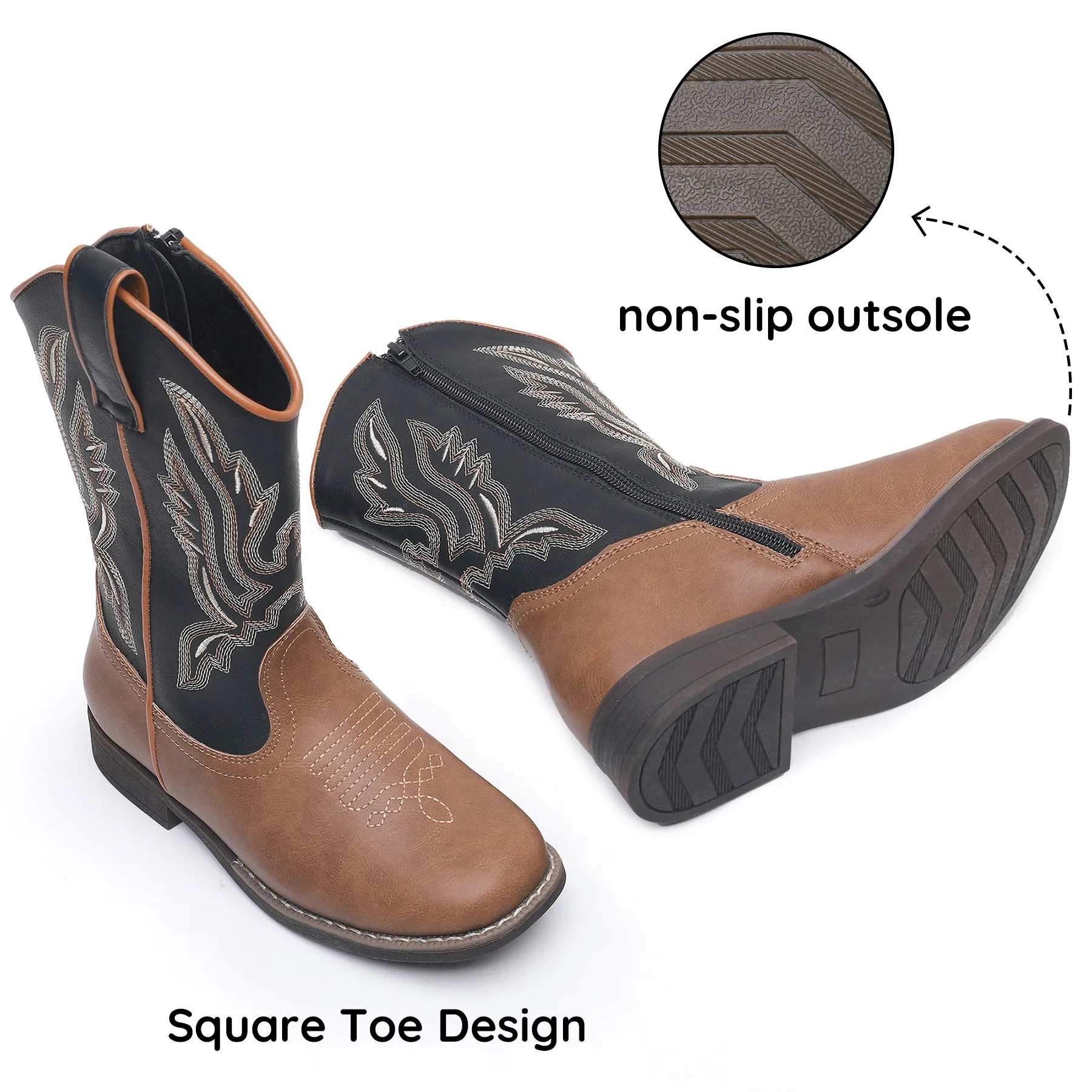 Apakowa Kids Boys Girls Square Toe Cowboy Boots-RF917-BlackBrown