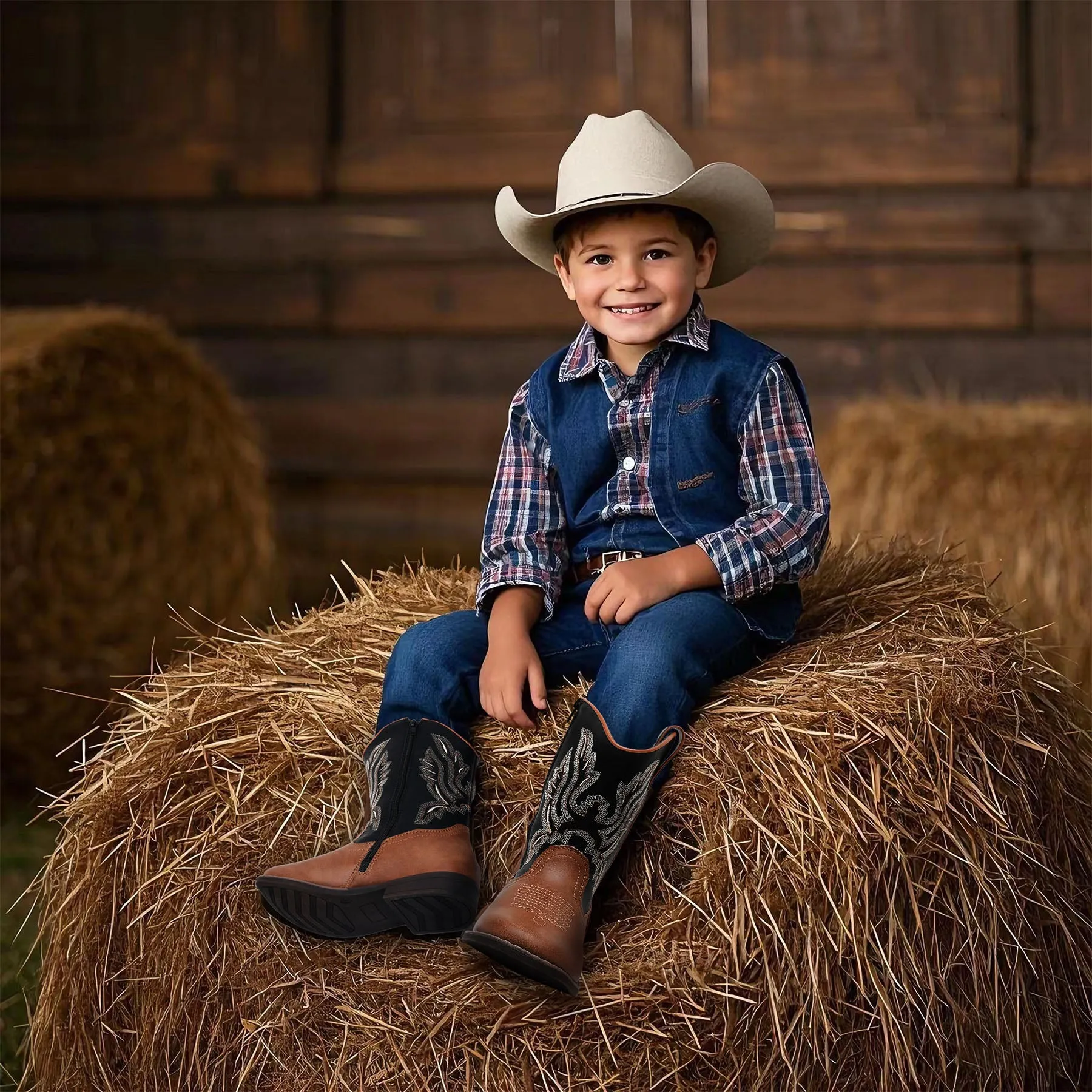 Apakowa Kids Boys Girls Square Toe Cowboy Boots-RF917-BlackBrown