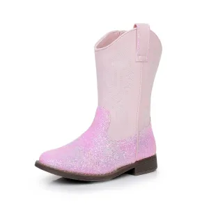 Apakowa Kids Boys Girls Square Toe Cowboy Boots-RF917-GlitterPink