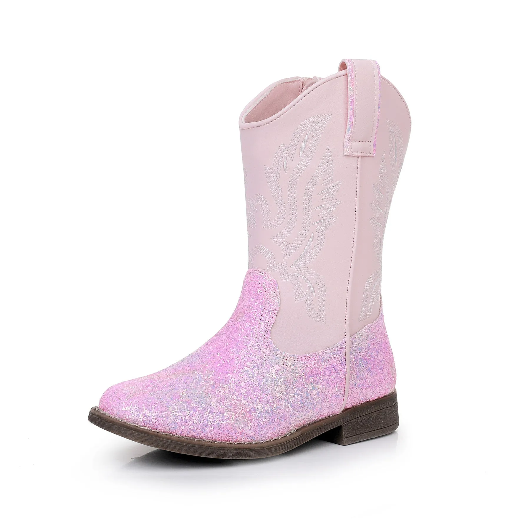 Apakowa Kids Boys Girls Square Toe Cowboy Boots-RF917-GlitterPink