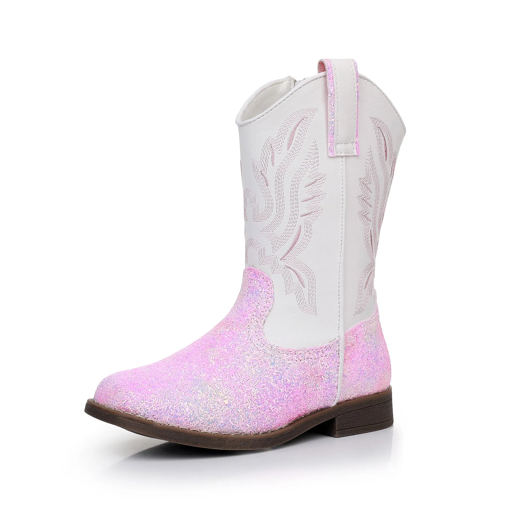 Apakowa Kids Boys Girls Square Toe Cowboy Boots-RF917-GlitterWhite