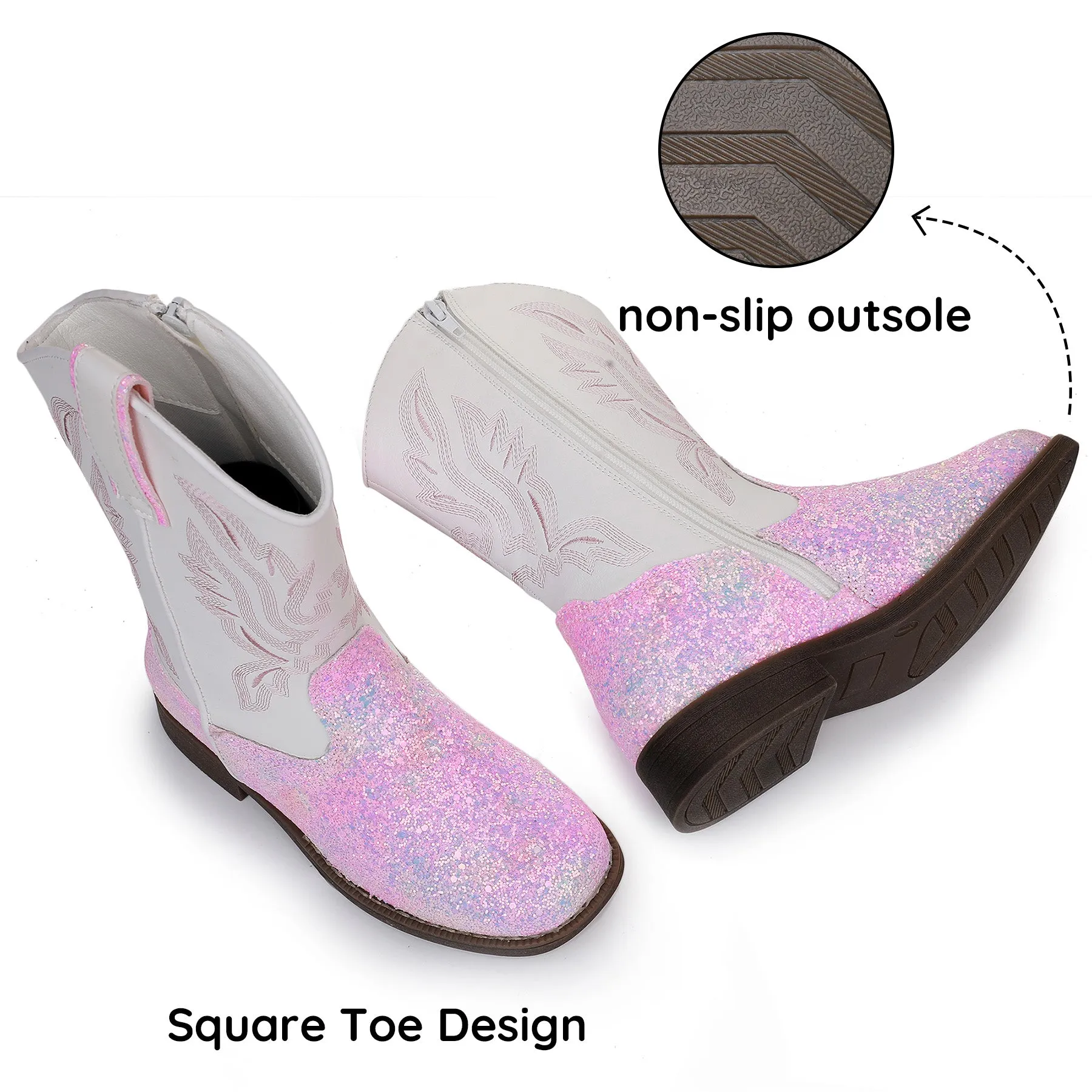 Apakowa Kids Boys Girls Square Toe Cowboy Boots-RF917-GlitterWhite