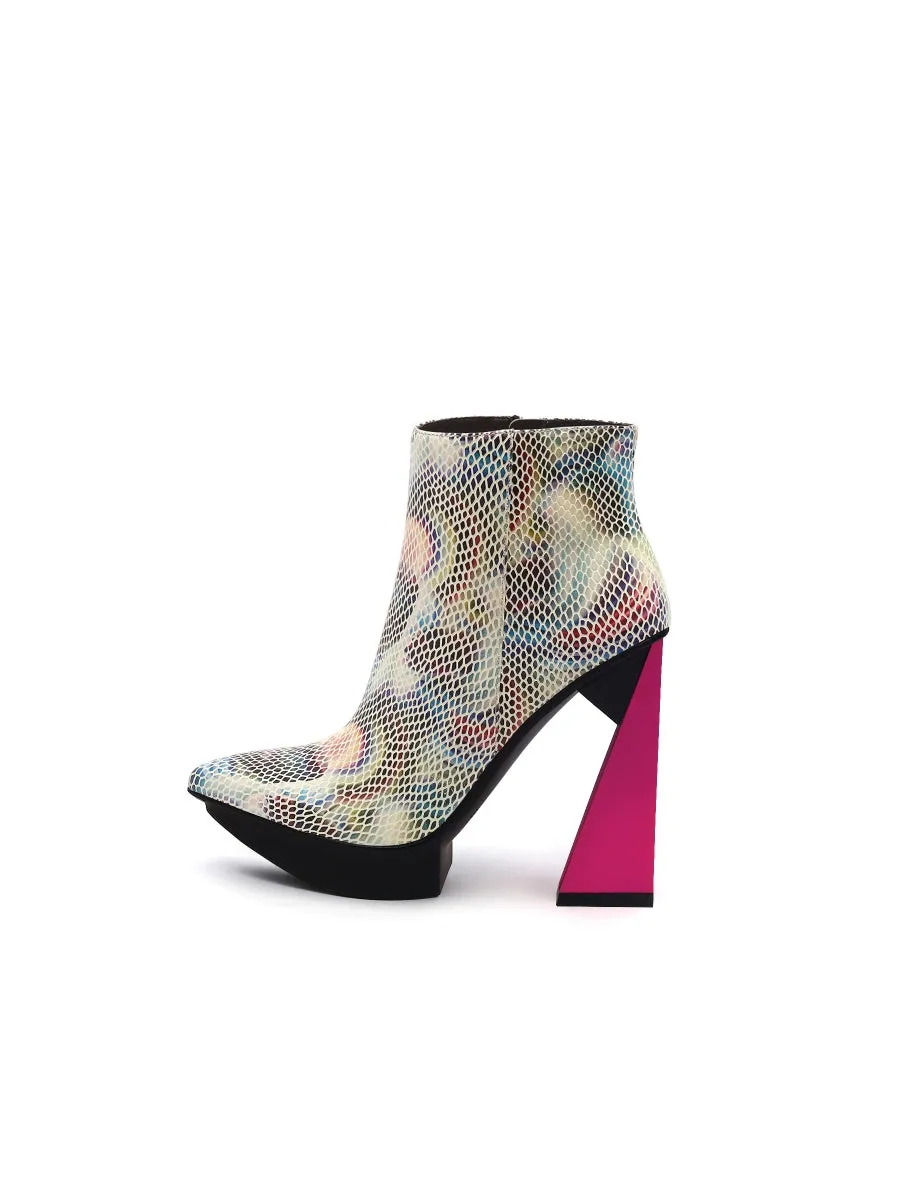 Aurora Printed Pink Triangled Leather High Heel Platform Ankle Boots