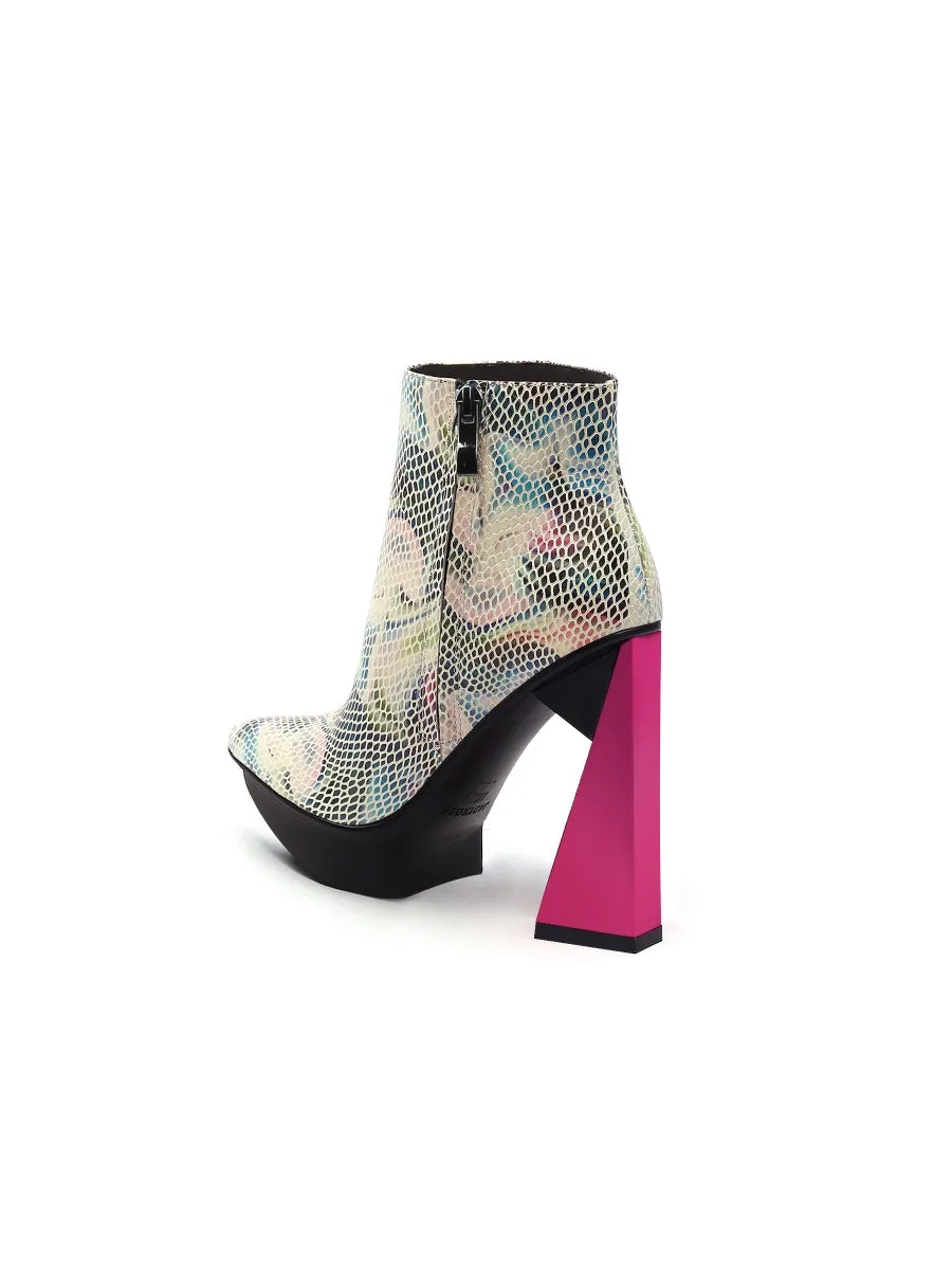 Aurora Printed Pink Triangled Leather High Heel Platform Ankle Boots