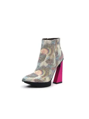 Aurora Printed Pink Triangled Leather High Heel Platform Ankle Boots