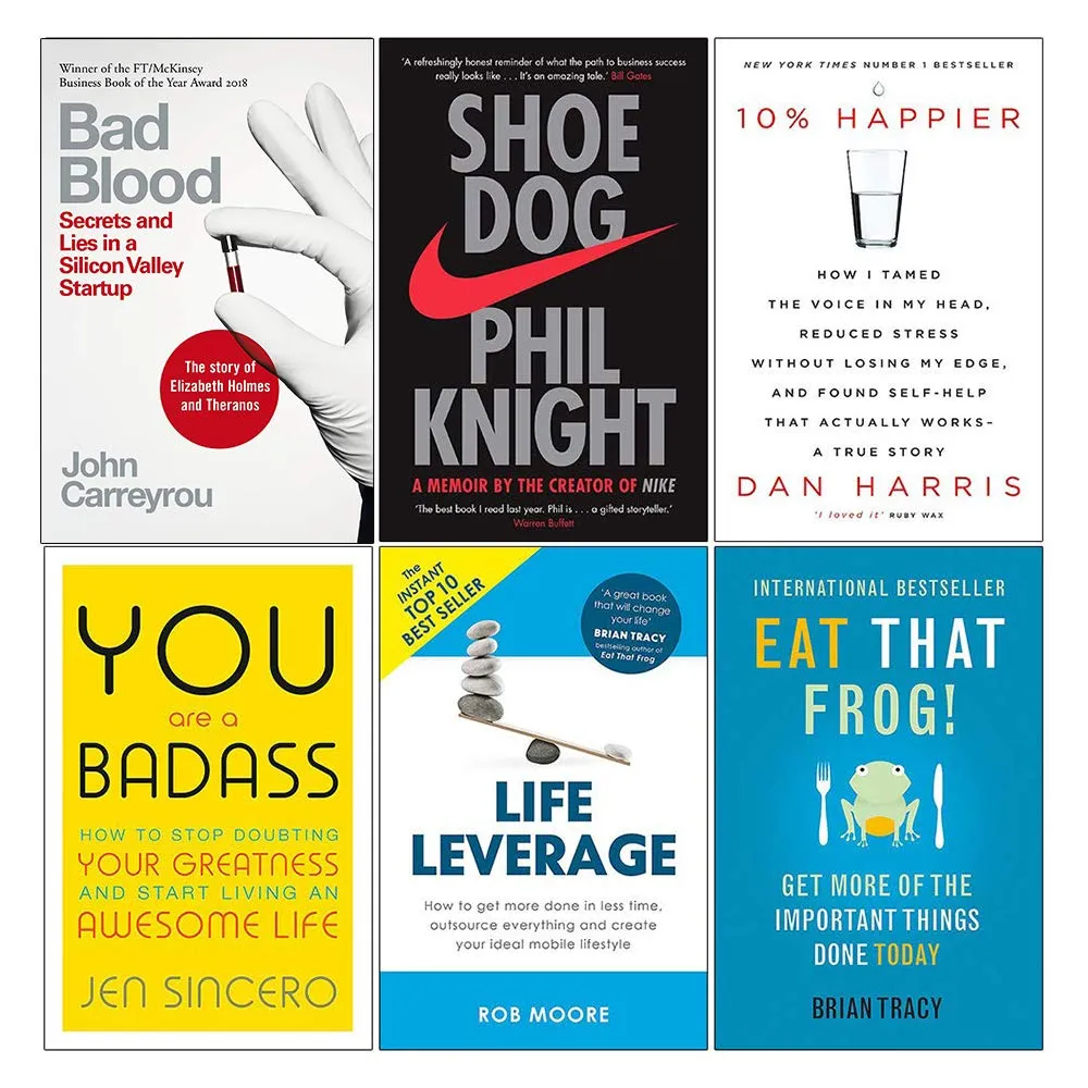 Bad Blood , Shoe Dog, 10% Happier, You Are a Badass, Life Leverage, Eat That Frog 6 Books Collection Set