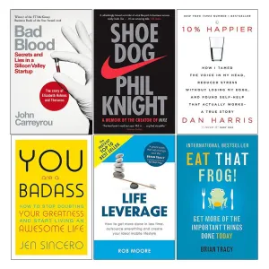 Bad Blood , Shoe Dog, 10% Happier, You Are a Badass, Life Leverage, Eat That Frog 6 Books Collection Set