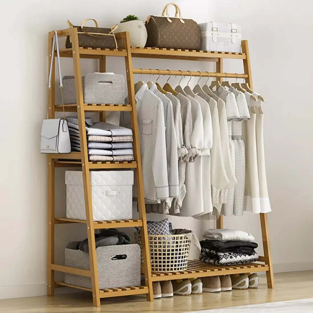 Bamboo Wood Minimalistic Clothes Rail |  Freestanding Clothes Rack with 7 Shelves | Natural | 1.4m High