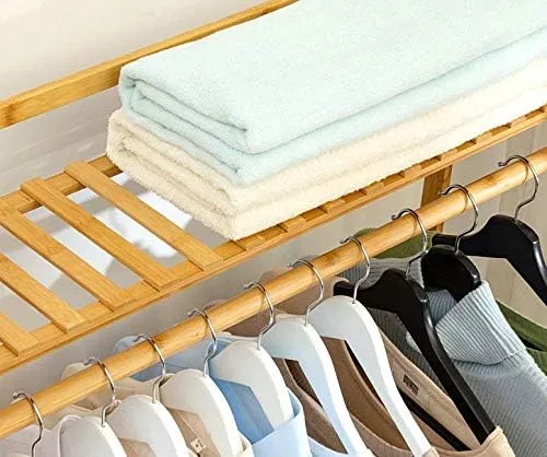 Bamboo Wood Minimalistic Clothes Rail |  Freestanding Clothes Rack with 7 Shelves | Natural | 1.4m High