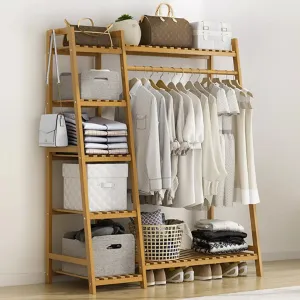 Bamboo Wood Minimalistic Clothes Rail |  Freestanding Clothes Rack with 7 Shelves | Natural | 1.4m High