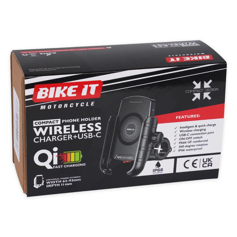 Bike It Compact Motorcycle Wireless Charger   USB-C Phone Holder