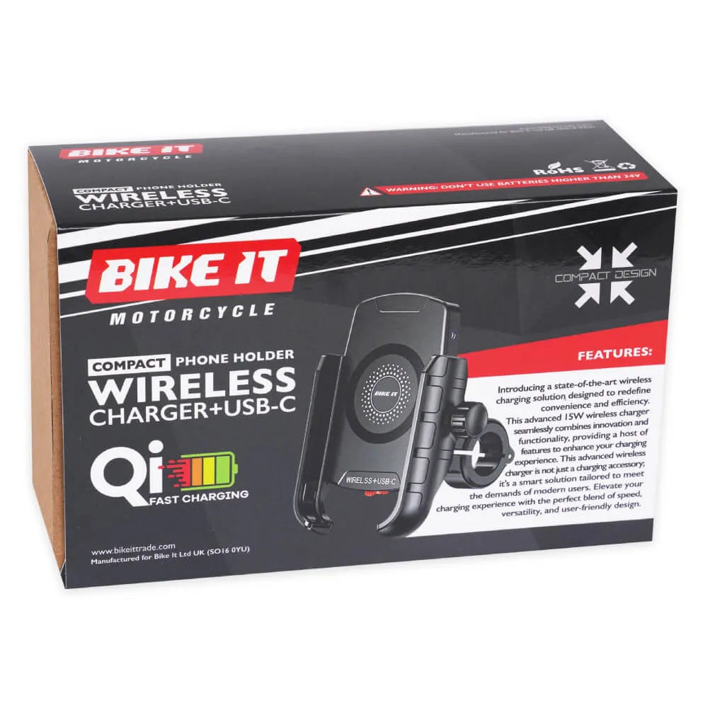 Bike It Compact Motorcycle Wireless Charger   USB-C Phone Holder