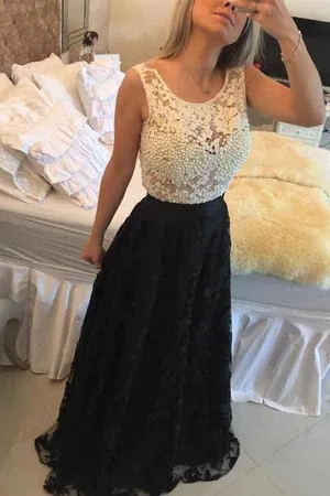 Black Jewel Sleeveless A-line Lace Prom Dresses, Evening Dresses, MP320