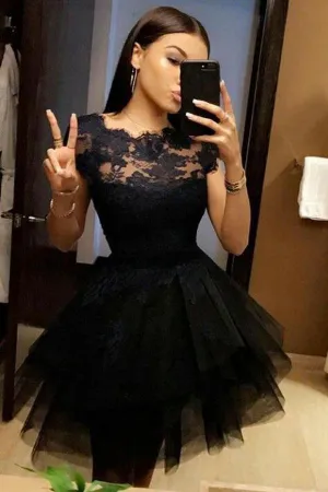 Black Lace Short Sleeve Homecoming Dress, Short Prom Dress With Appliques, MH132