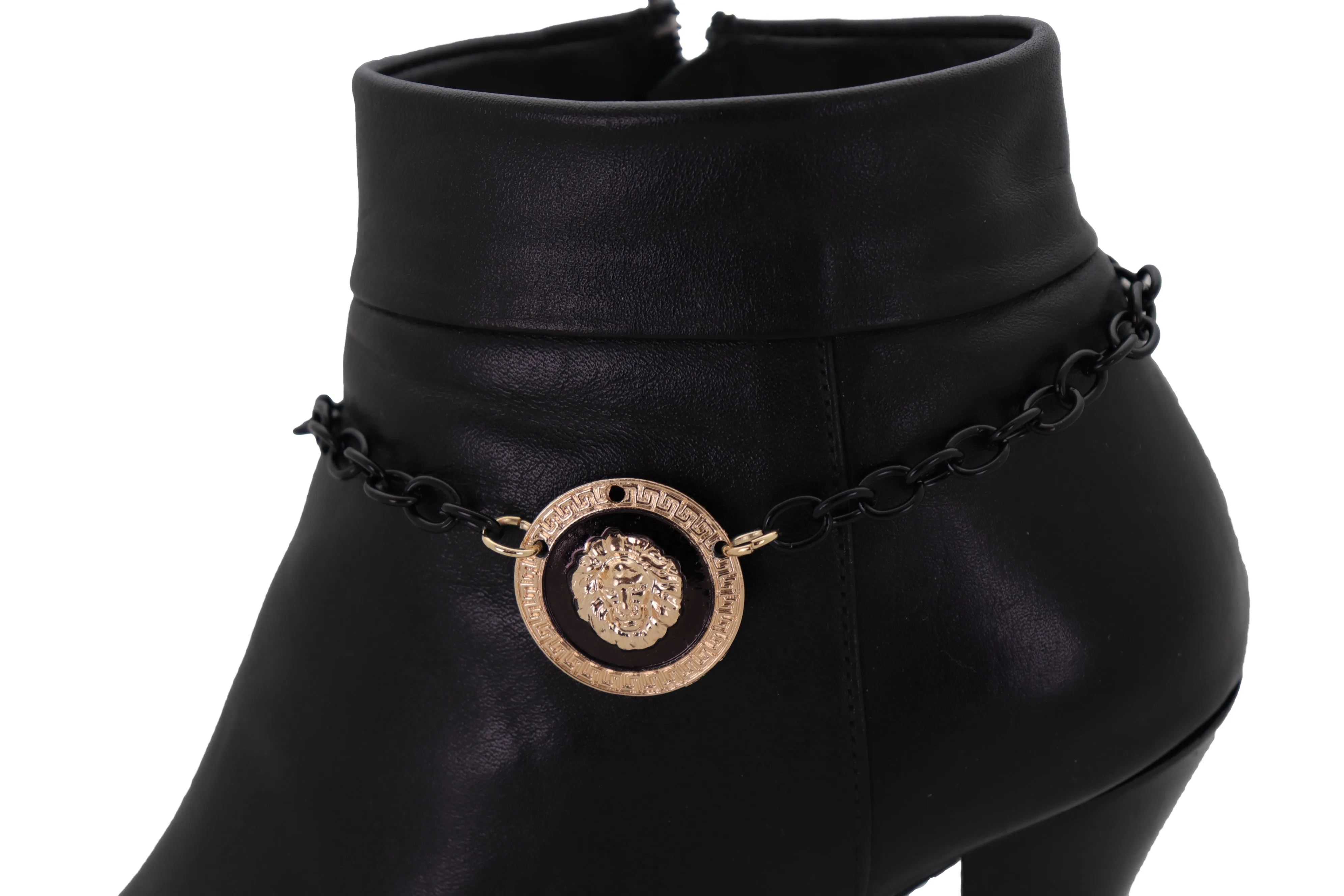 Black Metal Chain Boot Bracelet Shoe Anklet Gold Lion Charm