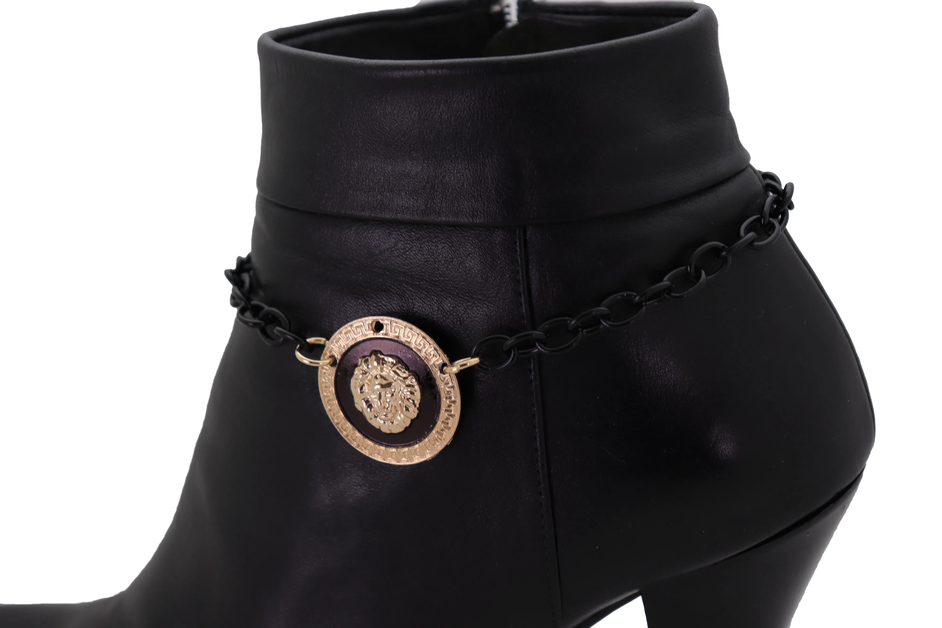 Black Metal Chain Boot Bracelet Shoe Anklet Gold Lion Charm