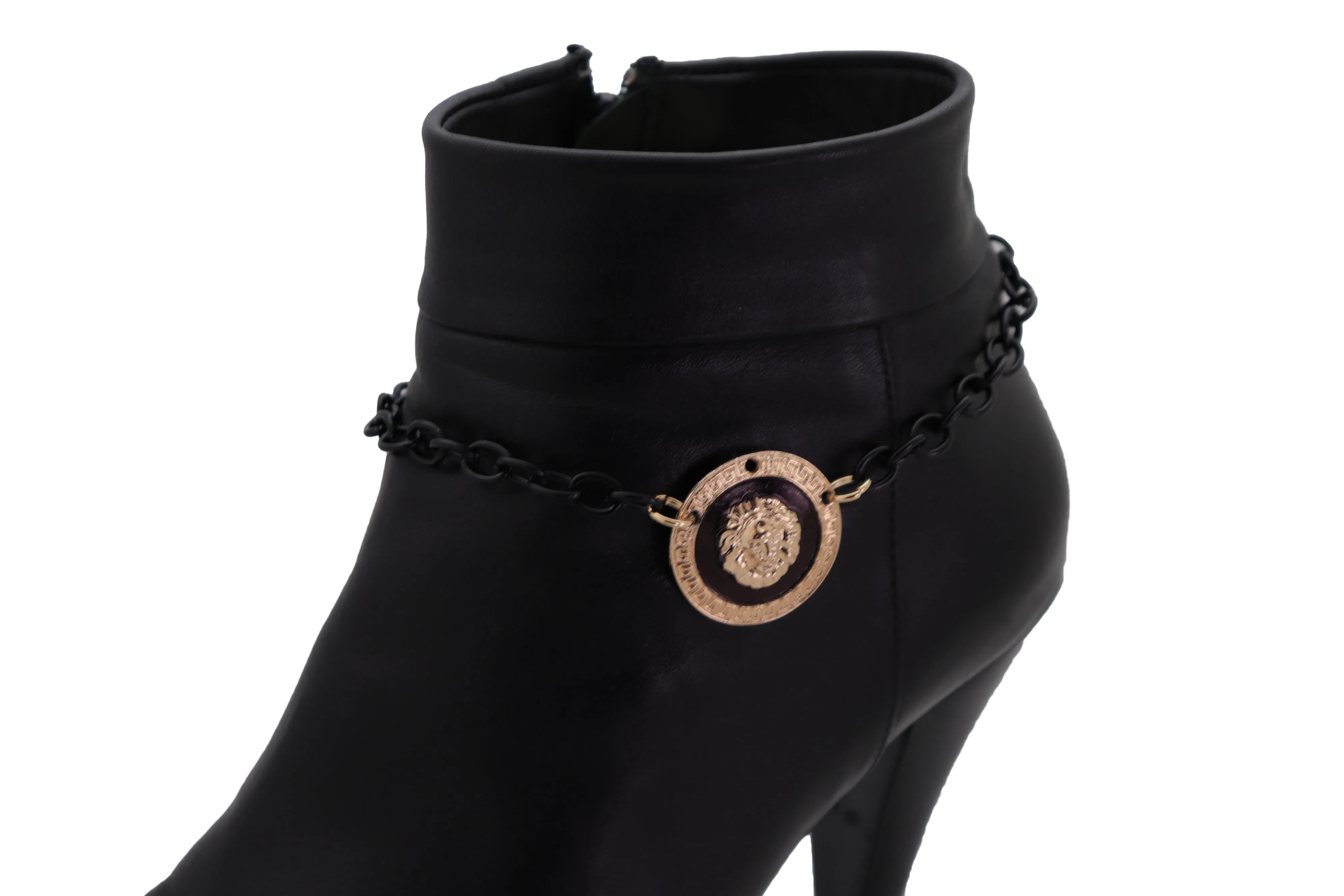 Black Metal Chain Boot Bracelet Shoe Anklet Gold Lion Charm