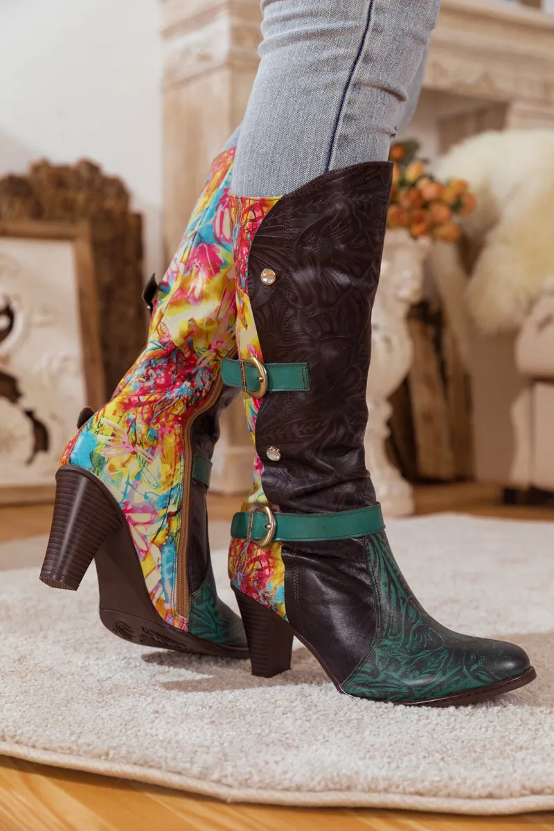 Black Patchwork Printed Leather Knee Boots