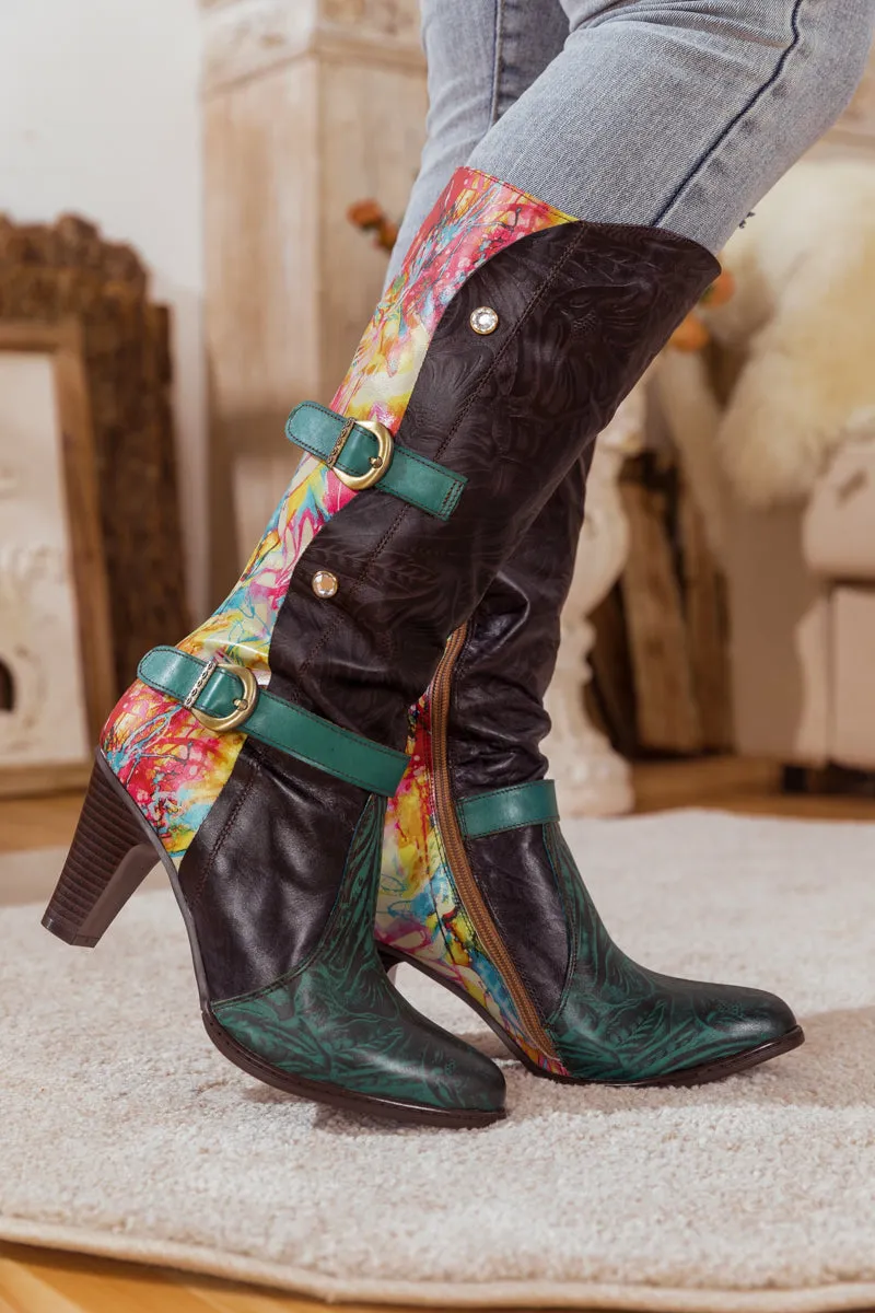 Black Patchwork Printed Leather Knee Boots