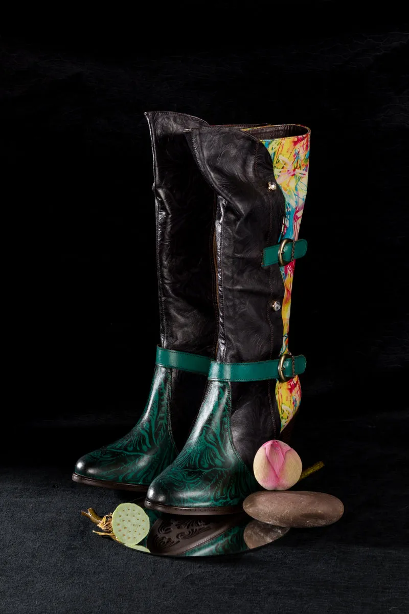 Black Patchwork Printed Leather Knee Boots
