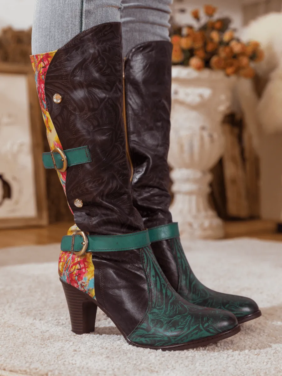 Black Patchwork Printed Leather Knee Boots