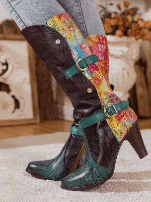 Black Patchwork Printed Leather Knee Boots