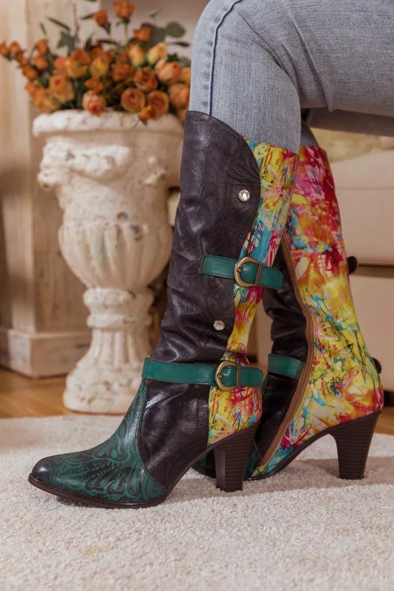 Black Patchwork Printed Leather Knee Boots