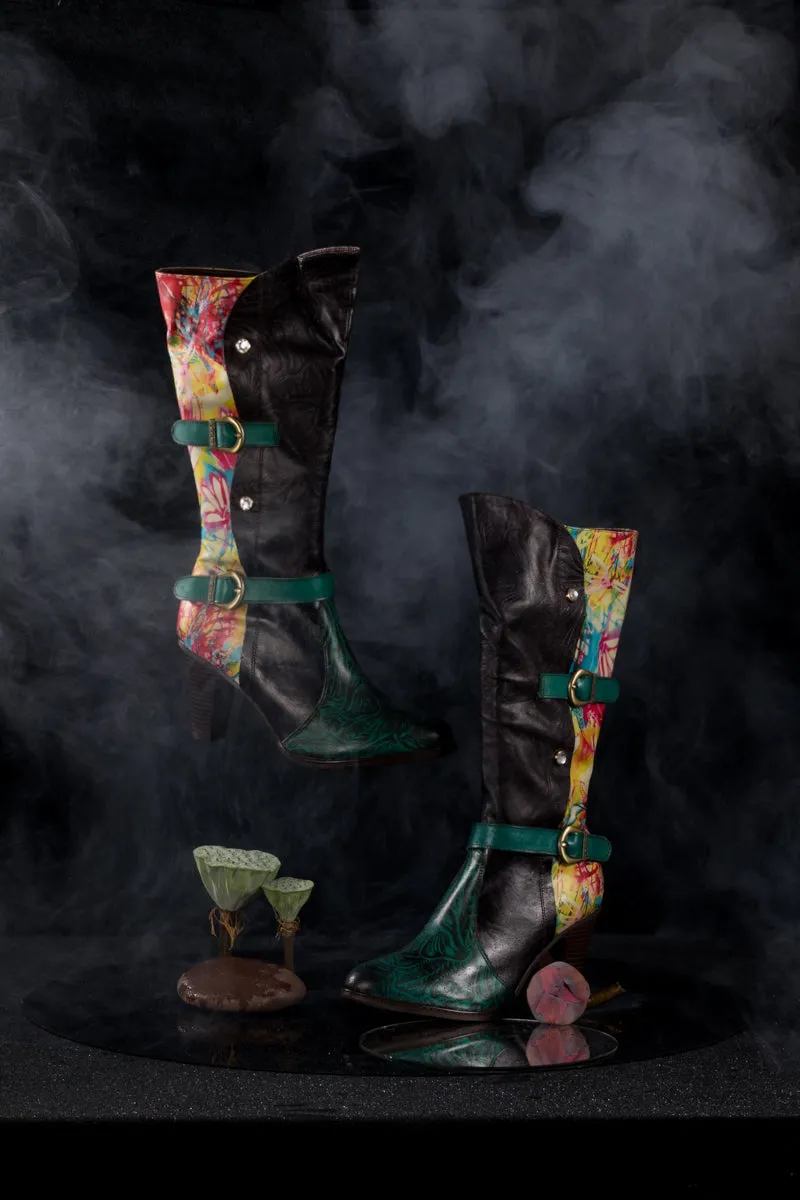 Black Patchwork Printed Leather Knee Boots