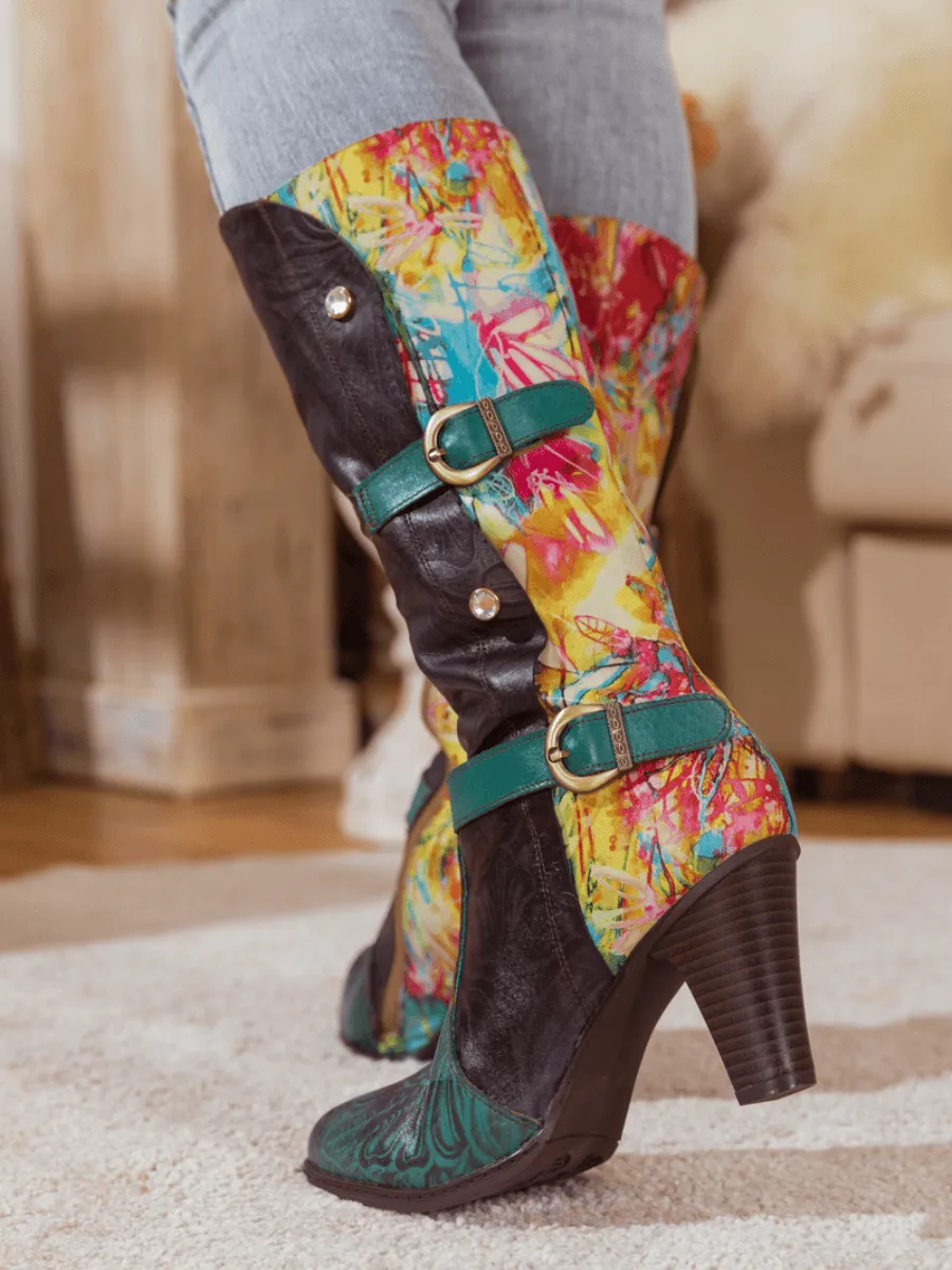 Black Patchwork Printed Leather Knee Boots