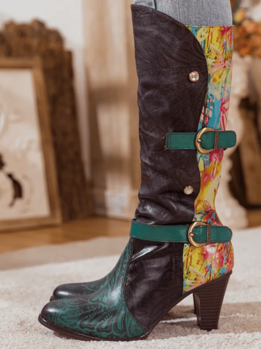 Black Patchwork Printed Leather Knee Boots