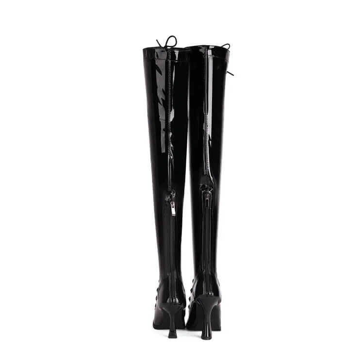 Black Patent Leather Lace-up Over-the-knee Boots
