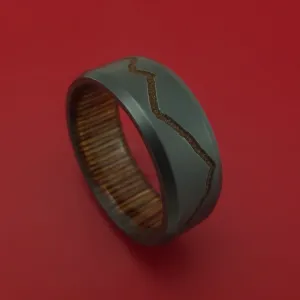 Black Zirconium Ring with Gold-Toned Milled Mountain Range Design Inlay and Interior Hardwood Sleeve Custom Made Band
