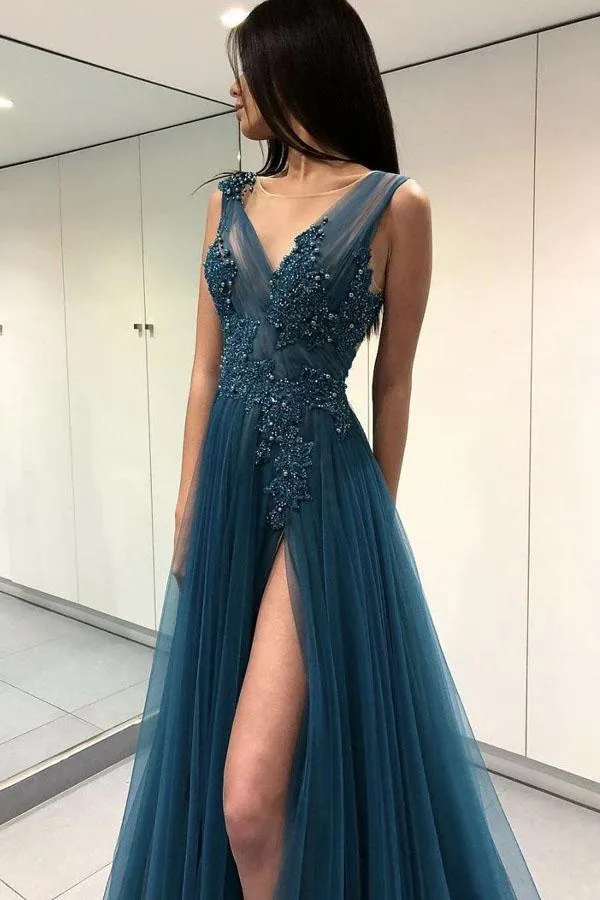Blue Backless Lace See Through Thigh Slit Long Prom Dress with Beading, MP134